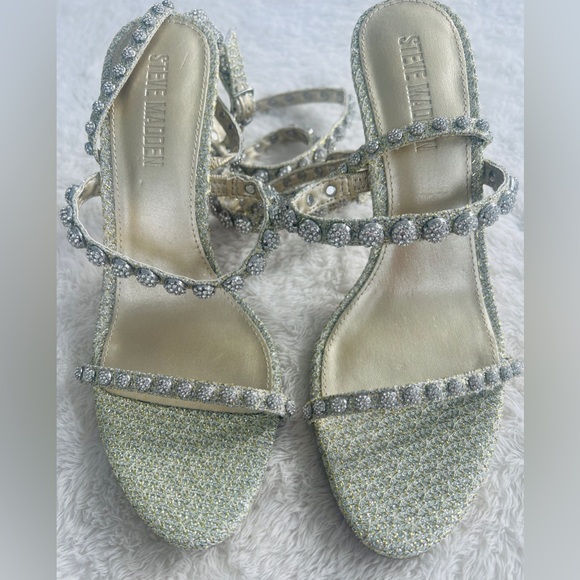 NEW Steve Madden Rhinestone Wrap Heels 8.5 Gold Formal Wedding High Heel Sandals - Picture 8 of 16